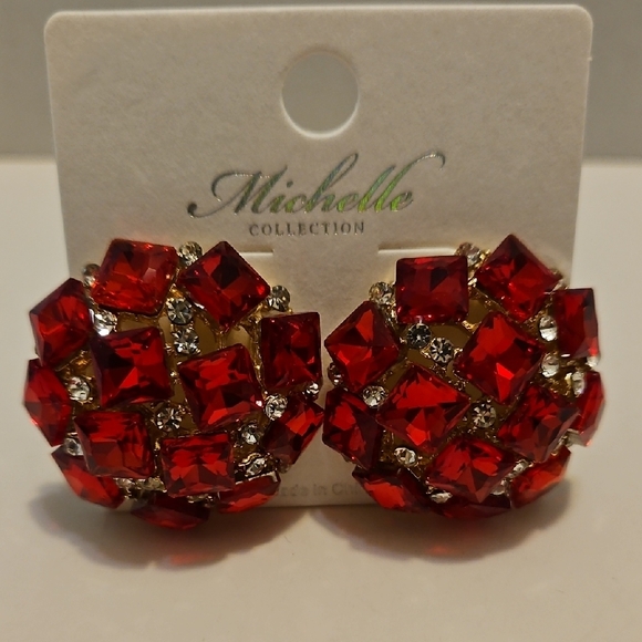 Michelle Collection Red Rhinestone Statement Earrings - Picture 2 of 4